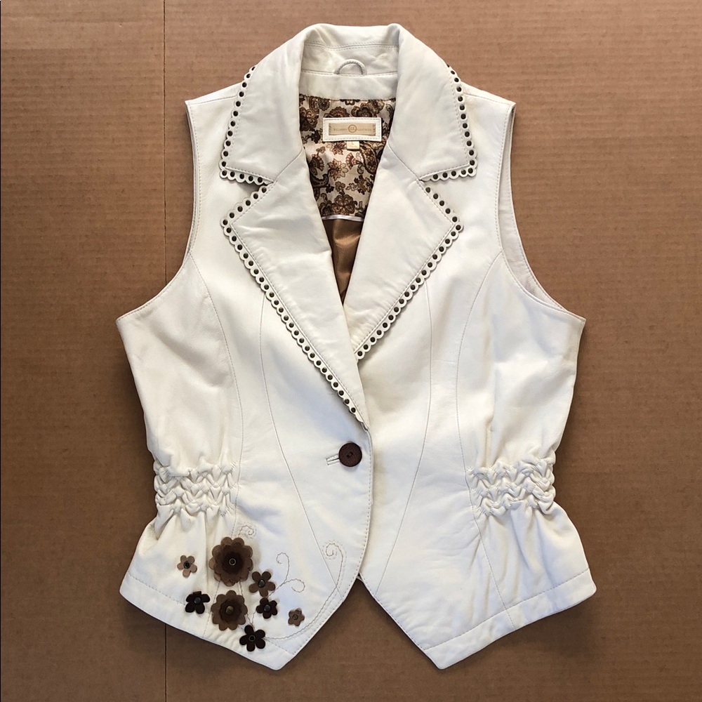 Cream Buttery Leather Studded Vest Boho Floral Applique Western Size L Vintage